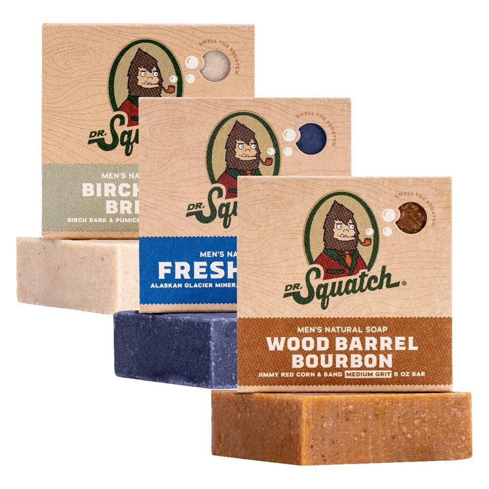 Dr. Squatch three-bar pack front view showing trio scents and natural packaging benefits