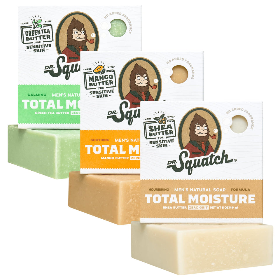 Dr. Squatch front packaging showing three Total Moisture bars and clear benefits