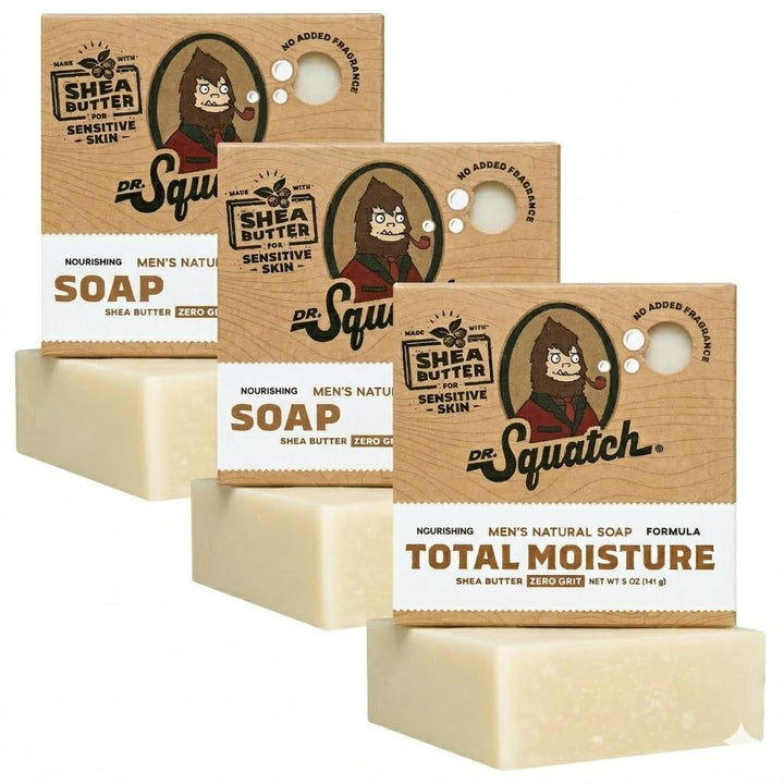 Dr. Squatch front packaging showing unscented three-pack and benefits