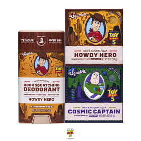 Dr. Squatch front packaging featuring Toy Story 5 themed 3-pack, great gift appeal