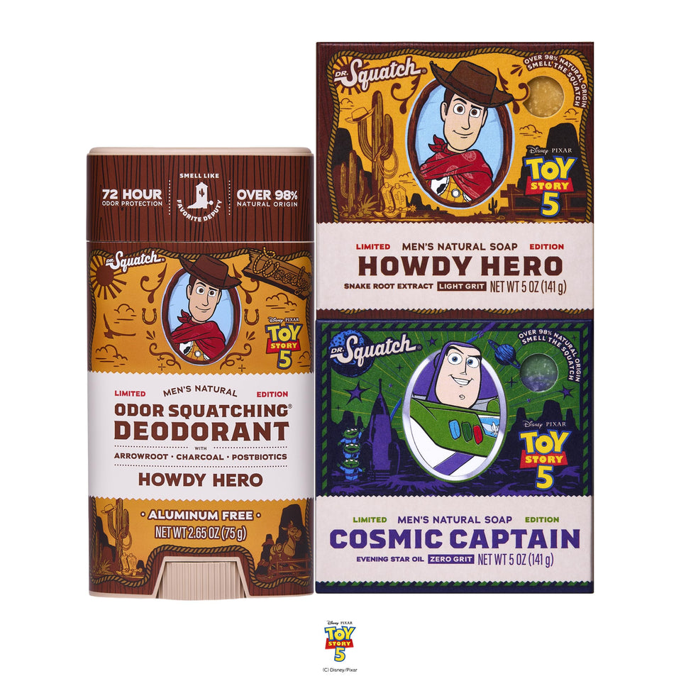 Dr. Squatch front packaging featuring Toy Story 5 themed 3-pack, great gift appeal