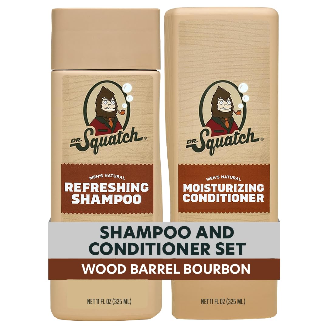 Dr. Squatch front packaging showing two 11 fl oz bottles and woodsy design benefits: natural clean