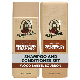 Dr. Squatch front packaging showing two 11 fl oz bottles and woodsy design benefits: natural clean