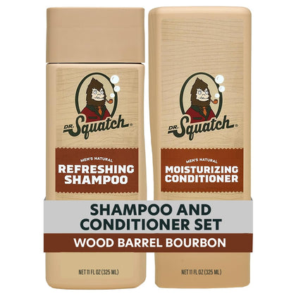 Dr. Squatch front packaging showing two 11 fl oz bottles and woodsy design benefits: natural clean
