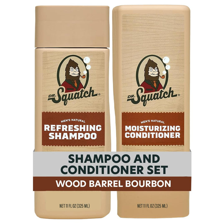 Dr. Squatch front packaging showing two 11 fl oz bottles and woodsy design benefits: natural clean