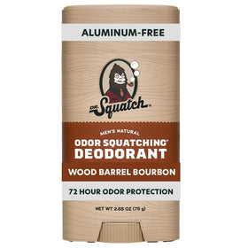 Dr. Squatch front packaging showing Wood Barrel Bourbon scent and natural benefits