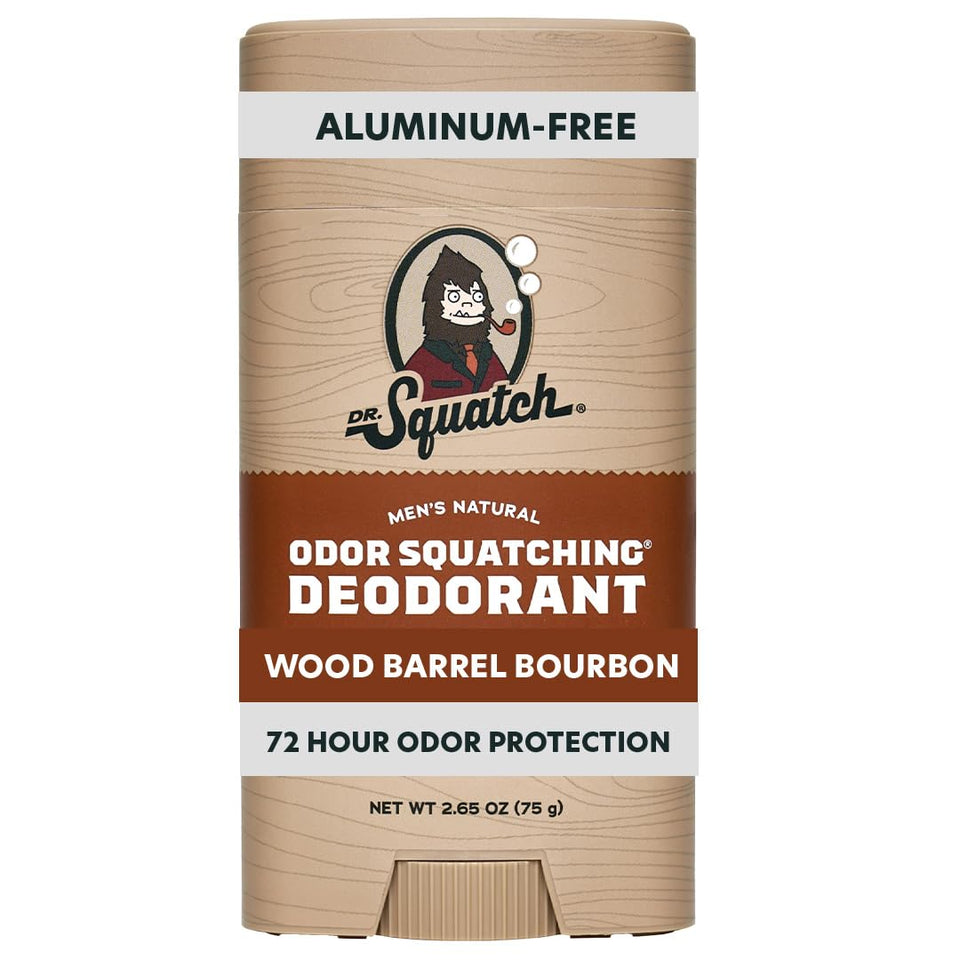 Dr. Squatch front packaging showing Wood Barrel Bourbon scent and natural benefits