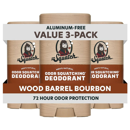 Dr. Squatch front packaging showing Wood Barrel Bourbon scent and benefits