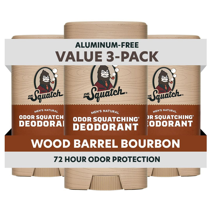 Dr. Squatch front packaging showing Wood Barrel Bourbon scent and benefits