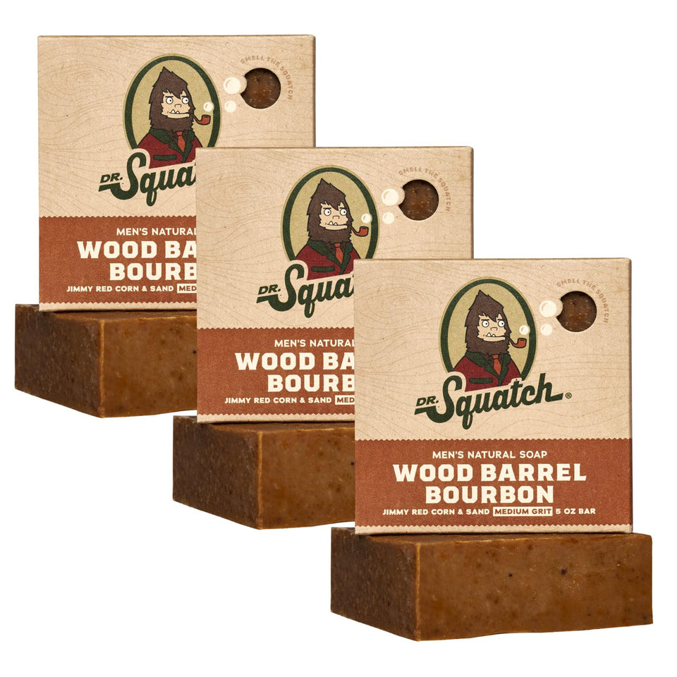 Dr. Squatch front packaging showing Wood Barrel Bourbon soap and scent appeal