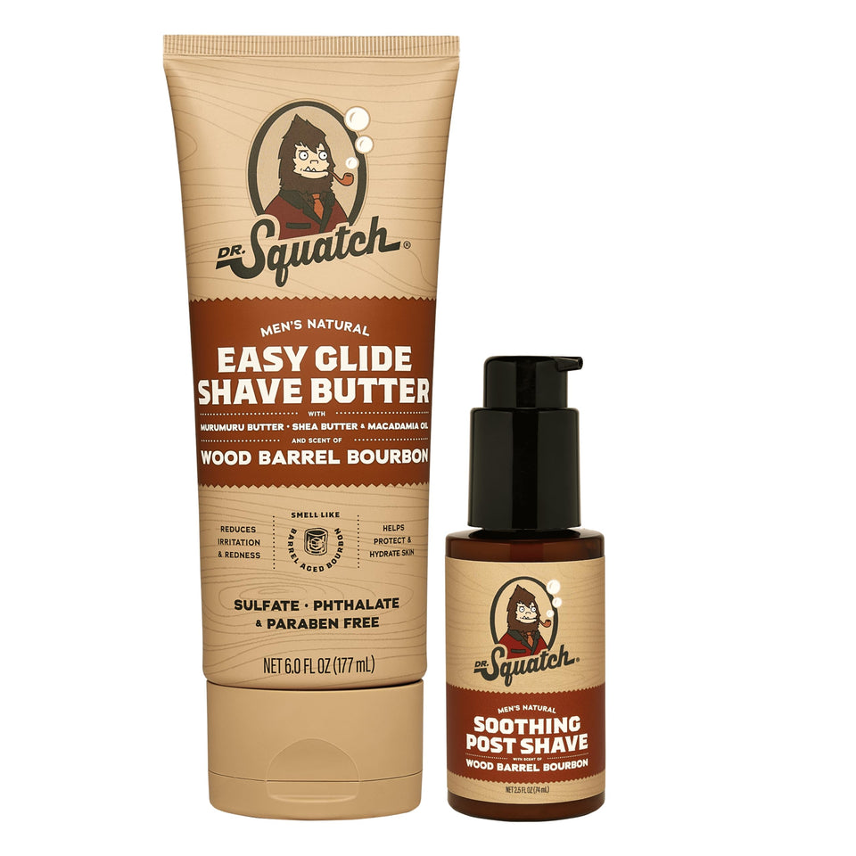 Dr. Squatch front packaging showing Wood Barrel Bourbon bundle and benefit of smooth shave