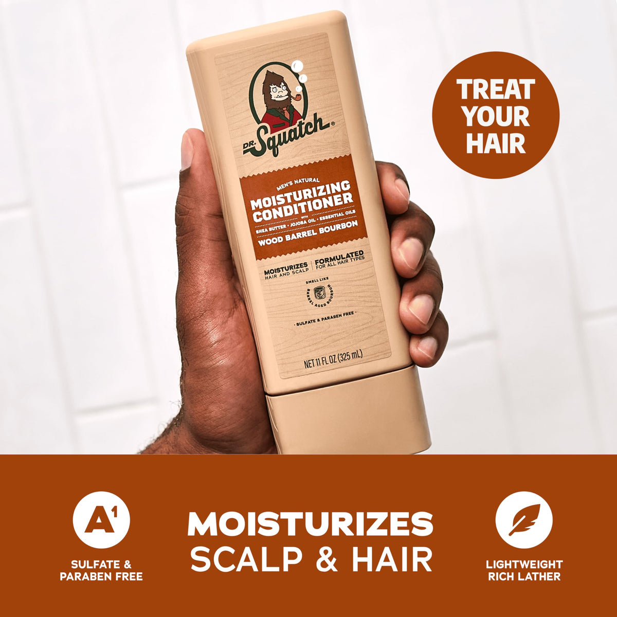 Dr. Squatch shampoo foam on hand showing gentle lather and effective cleansing without sulfates