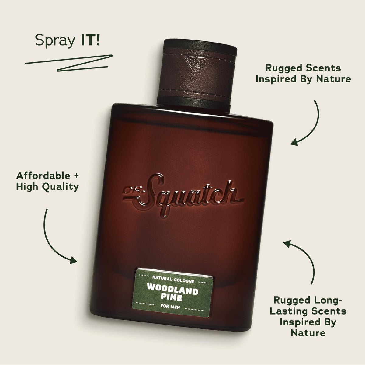 Dr. Squatch label close-up highlighting Woodland Pine identity and clean ingredients benefit