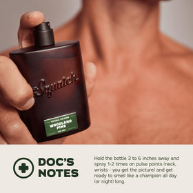 Dr. Squatch bottle next to hand showing 1.7 fl oz size and travel-friendly benefit