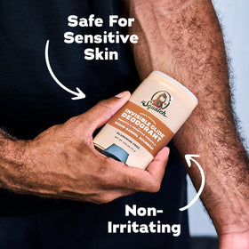 Dr. Squatch applying stick post-shower showing quick, clear coverage benefit