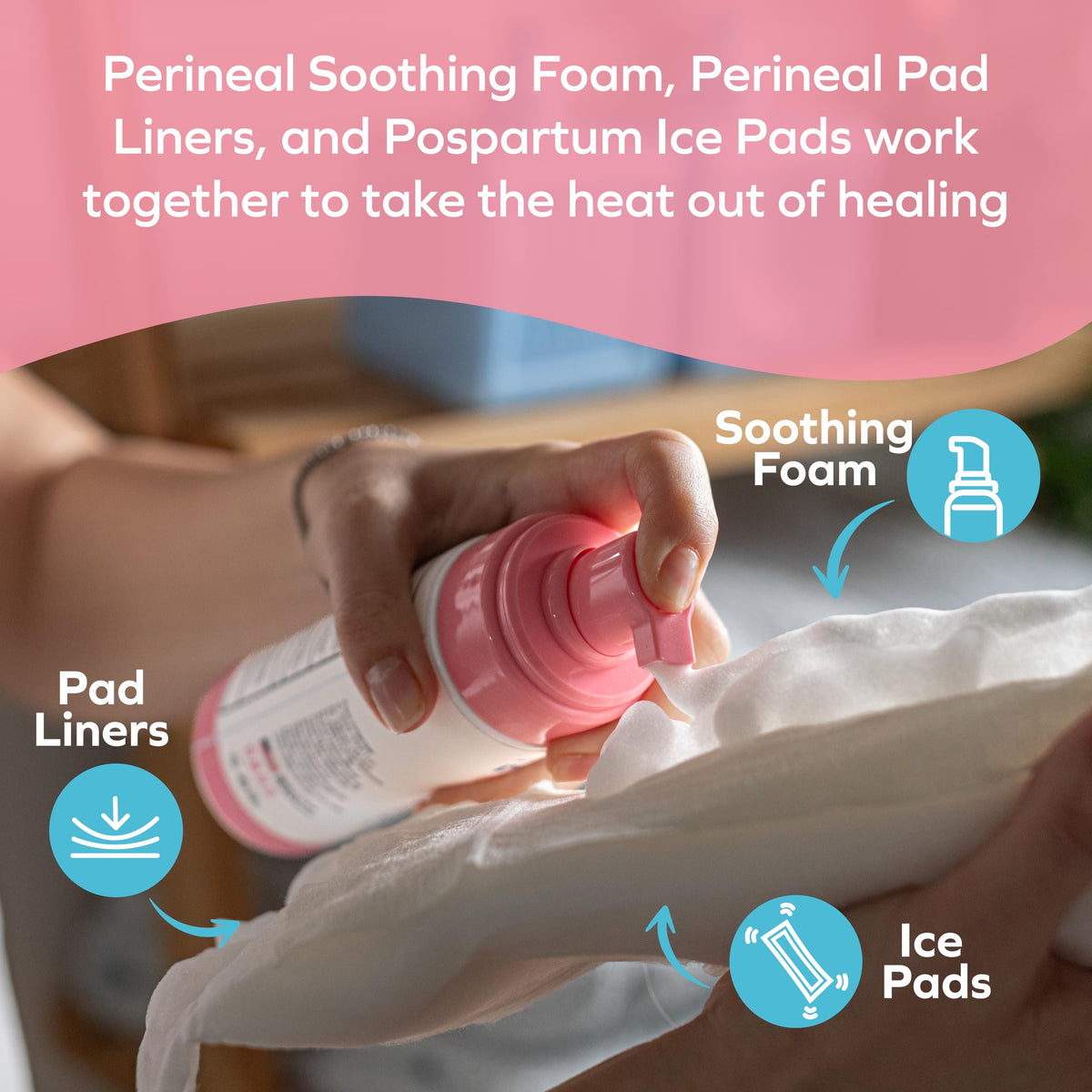Dr. Talbot's Mom foam on bathroom counter with recovery essentials for postpartum support