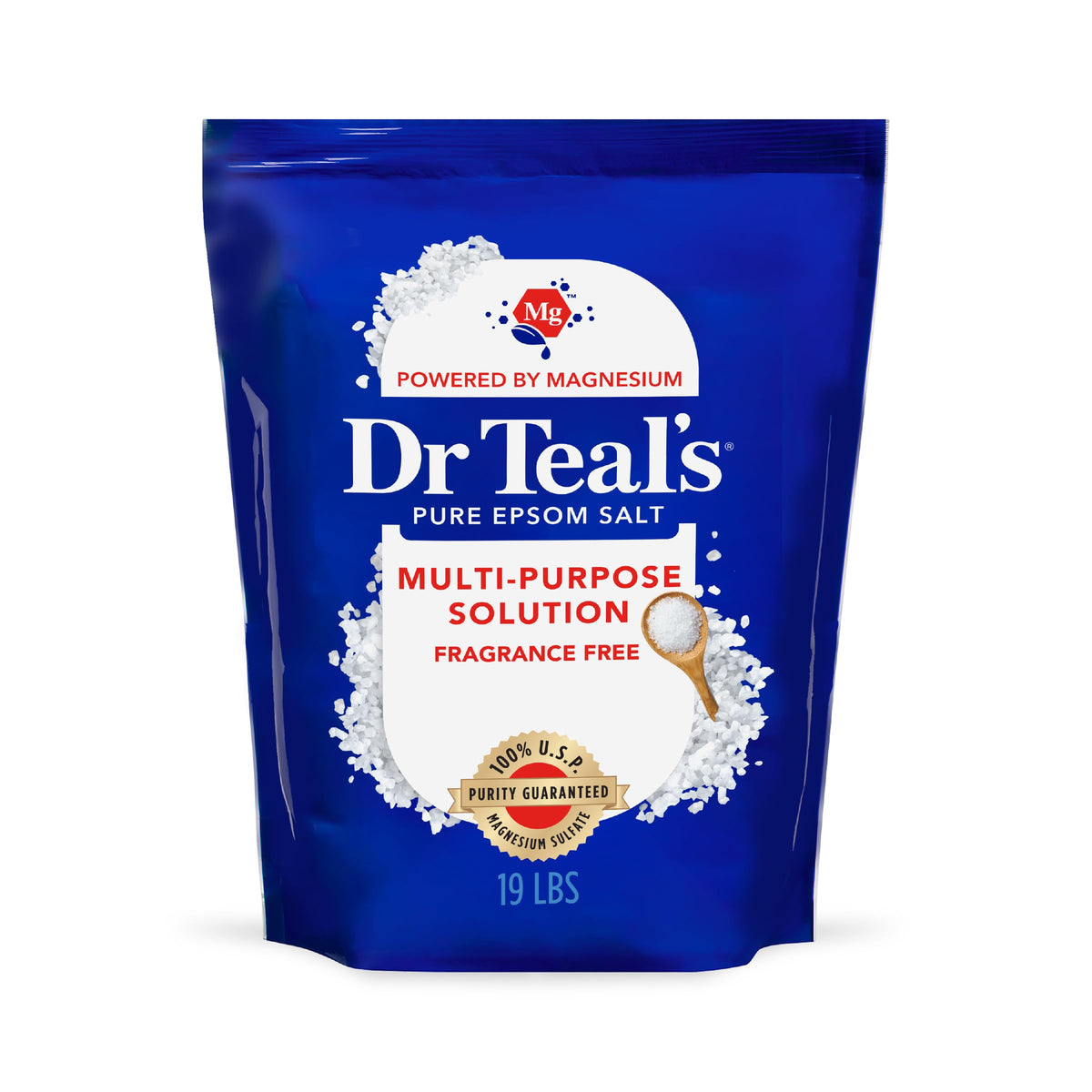 Dr Teal's front bag view showing bulk packaging and label, convenient storage