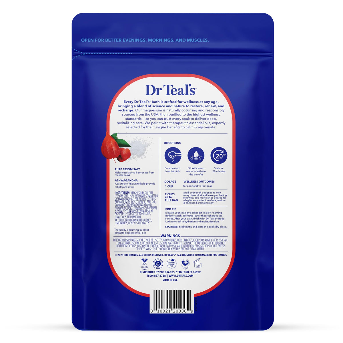 Dr Teal's back label with ingredient list and usage instructions for safe informed use