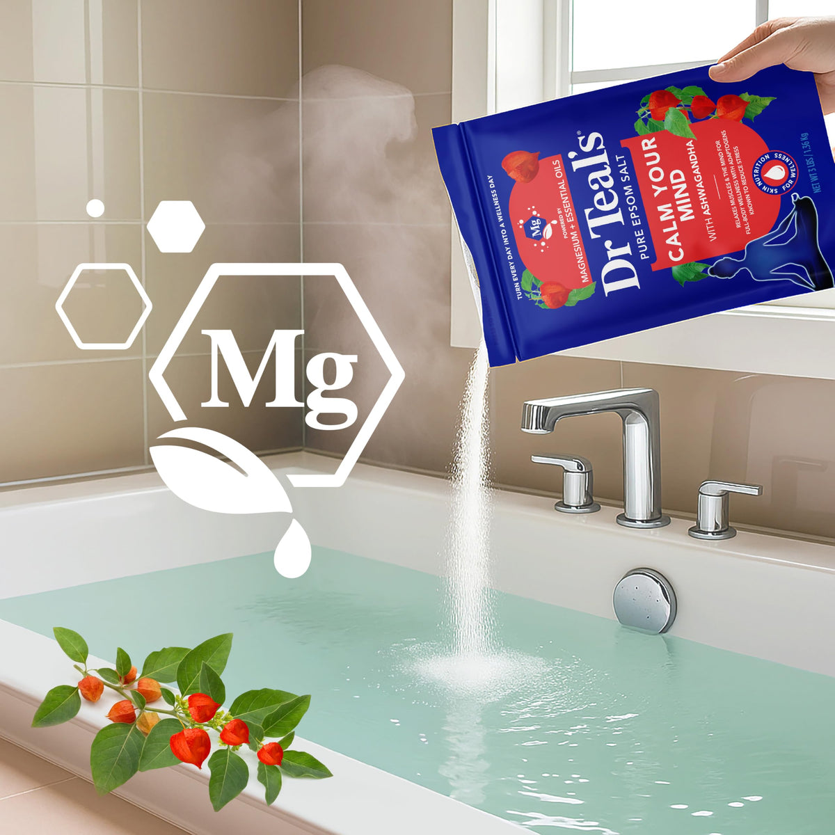 Bathtub scene with Dr Teal's soak creating a calming atmosphere for evening relaxation