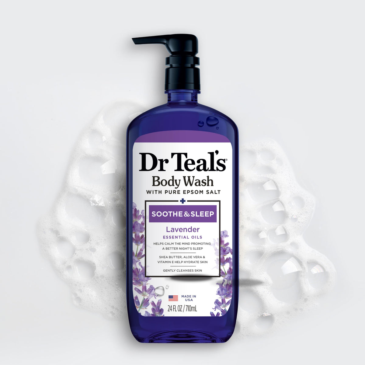 Dr Teal's body wash on bathroom shelf suggesting relaxing evening routine