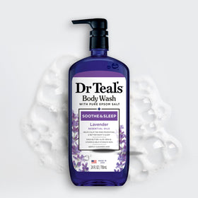 Dr Teal's body wash on bathroom shelf suggesting relaxing evening routine