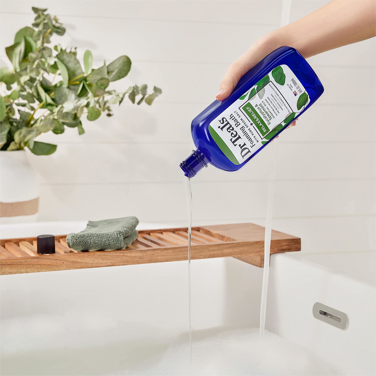 Bathroom scene with Dr Teal's bottle creating a calming self-care atmosphere