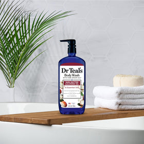 Dr Teal's bottle on bathroom shelf in a styled setting conveying a calming routine