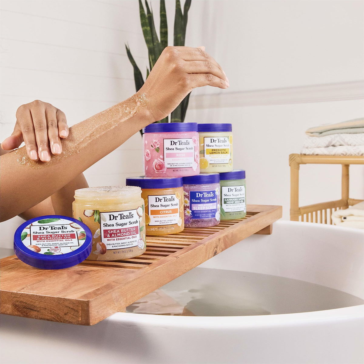 Dr Teal's scrub on bathroom shelf lifestyle scene promoting relaxing routine