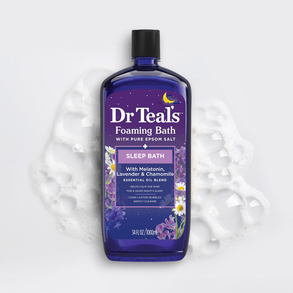 Dr Teal's bottle styled on a bathroom shelf suggesting calming decor benefit