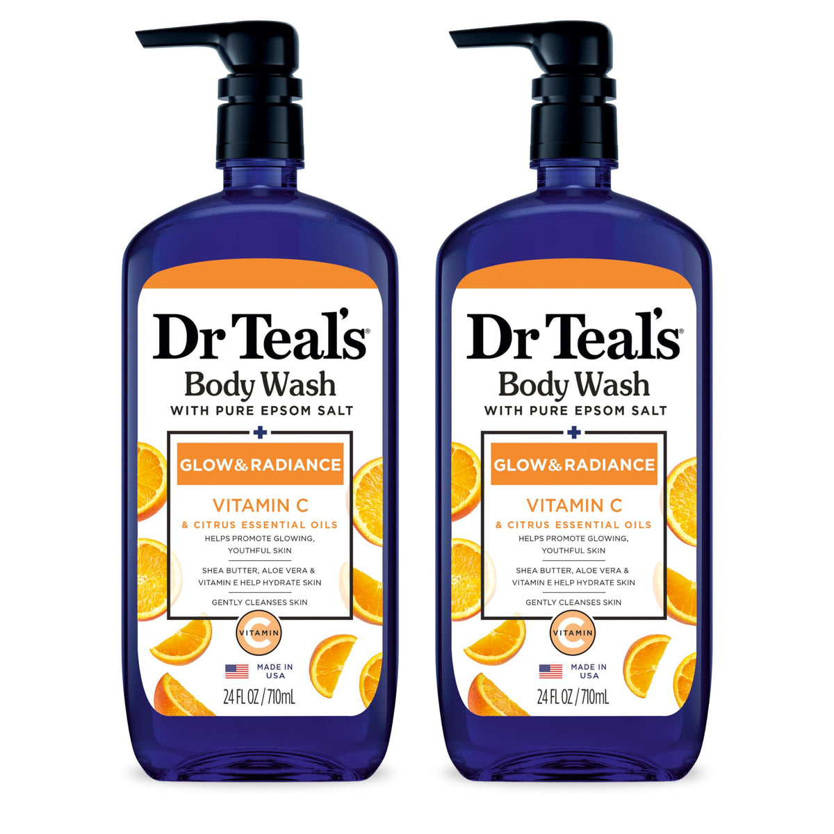 Dr Teal's front packaging showing Glow & Radiance benefits visibly