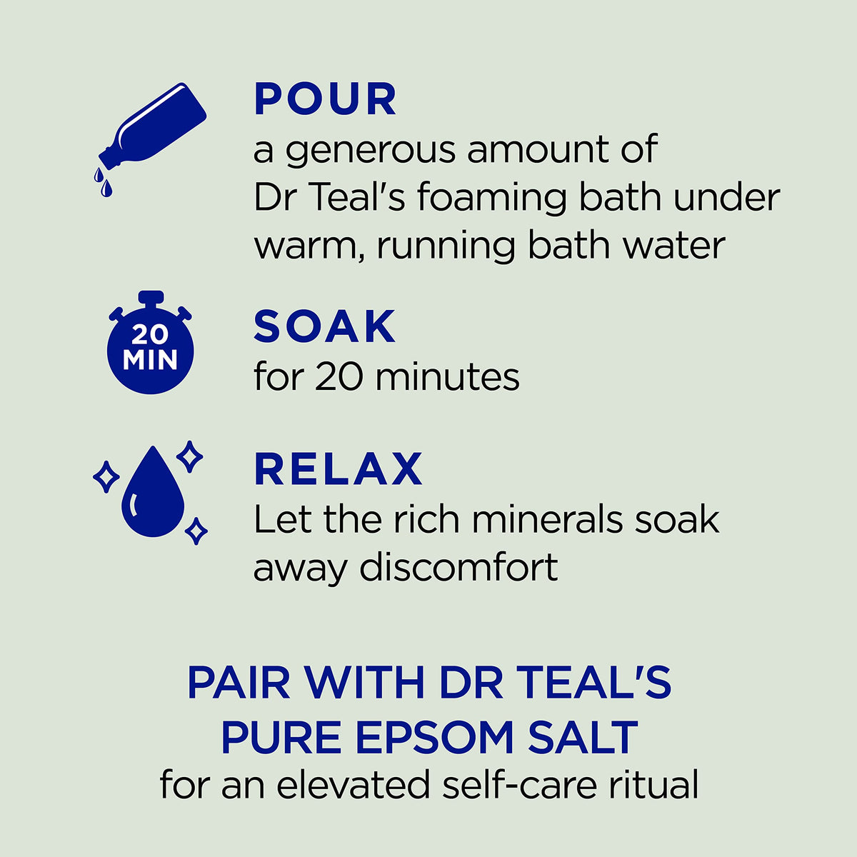 Close-up of Dr Teal's label highlighting Pure Epsom Salt and essential oils benefits