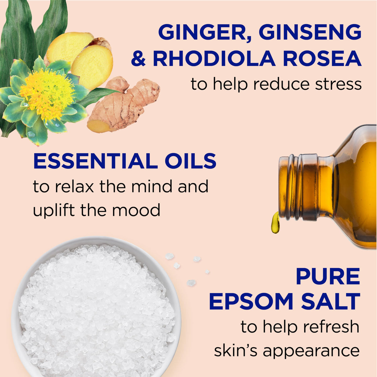 Dr Teal's bottle close-up label highlighting ginger and ginseng scent benefits