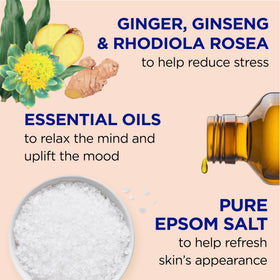 Dr Teal's bottle close-up label highlighting ginger and ginseng scent benefits