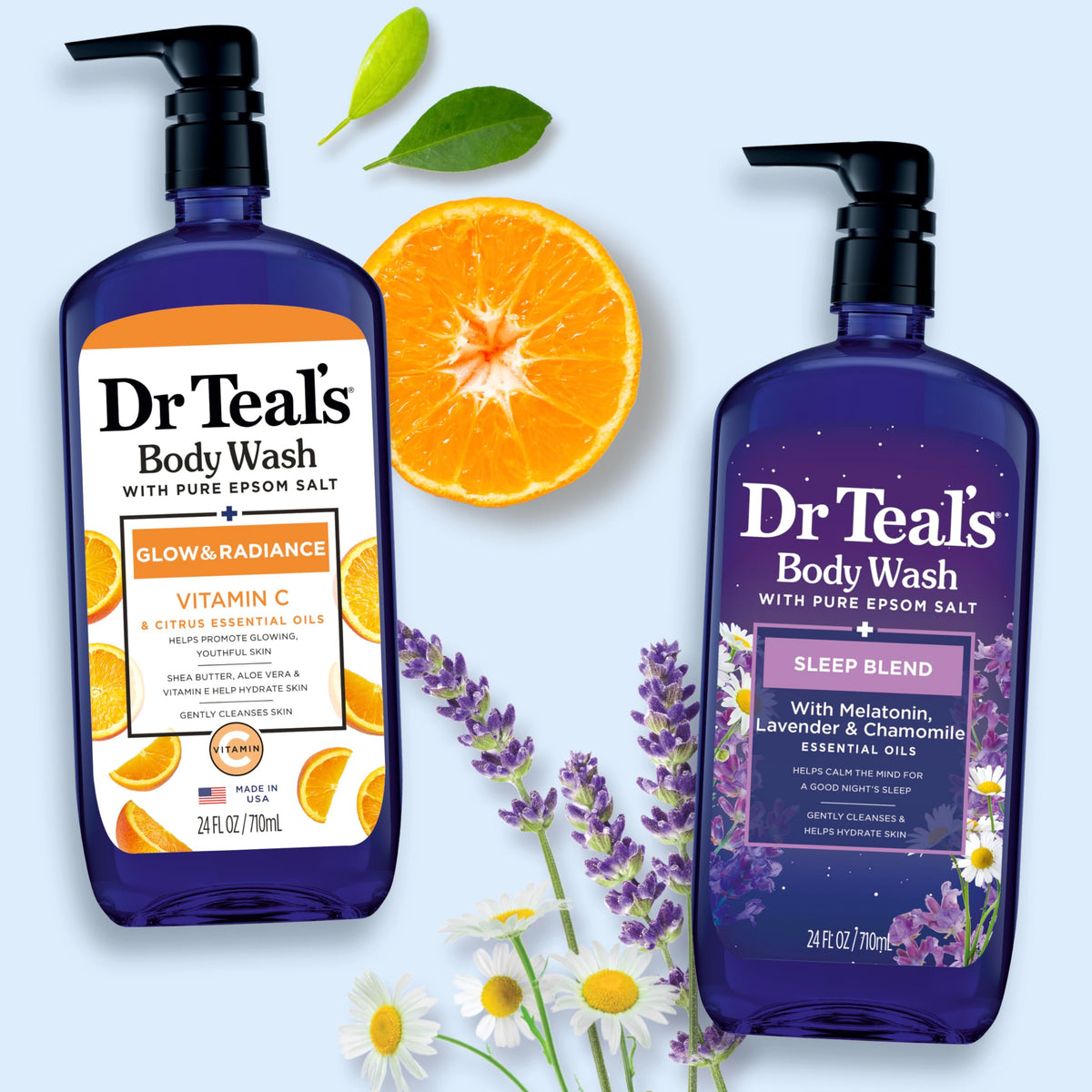 Dr Teal's bottles styled on bathroom shelf for everyday routine inspiration