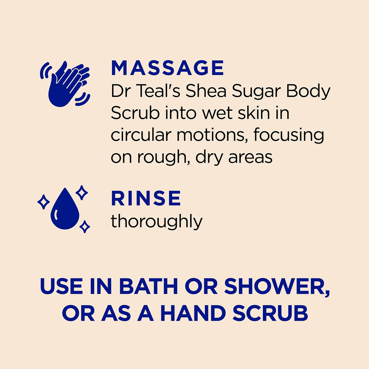 Hand scooping scrub in shower setting with water, demonstrating easy rinsing and fresh routine