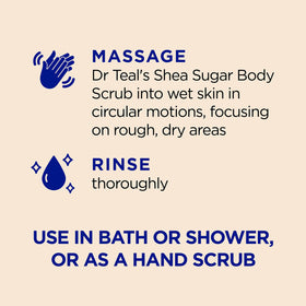 Hand scooping scrub in shower setting with water, demonstrating easy rinsing and fresh routine