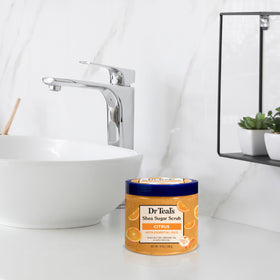 Dr Teal's scrub applied in shower showing gentle exfoliation benefit