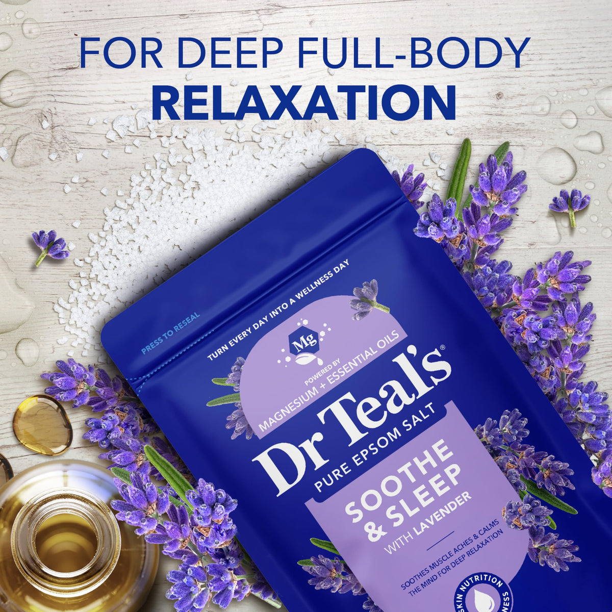 Dr Teal's close-up of Epsom salt texture highlighting magnesium purity