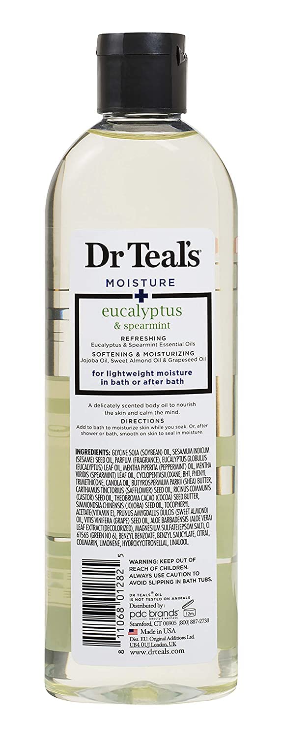 Dr Teal's coconut oil bottle detail showing texture and soothing hydration benefit