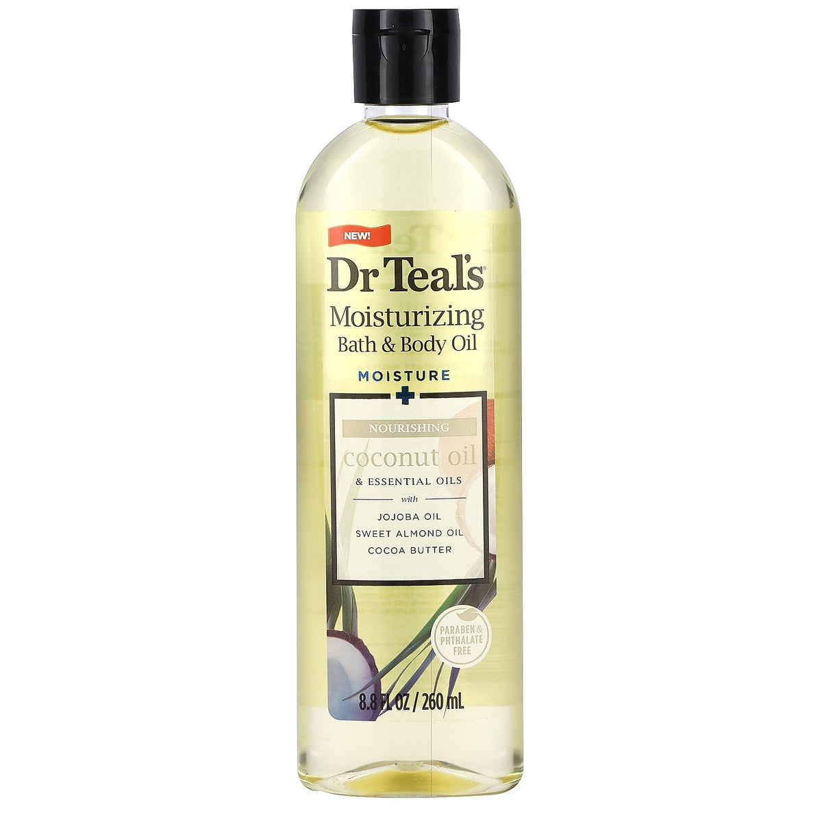 Dr Teal's front packaging of two coconut bath and body oil bottles showing size and label, moisturizing benefit