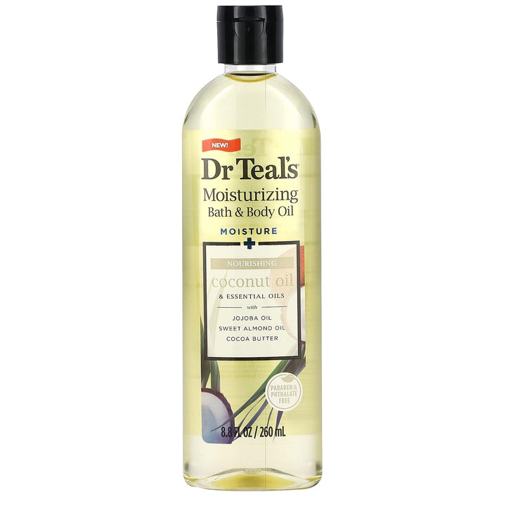 Dr Teal's front packaging of two coconut bath and body oil bottles showing size and label, moisturizing benefit