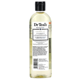 Dr Teal's coconut bath oil poured into hand demonstrating lightweight texture and quick-absorbing hydration