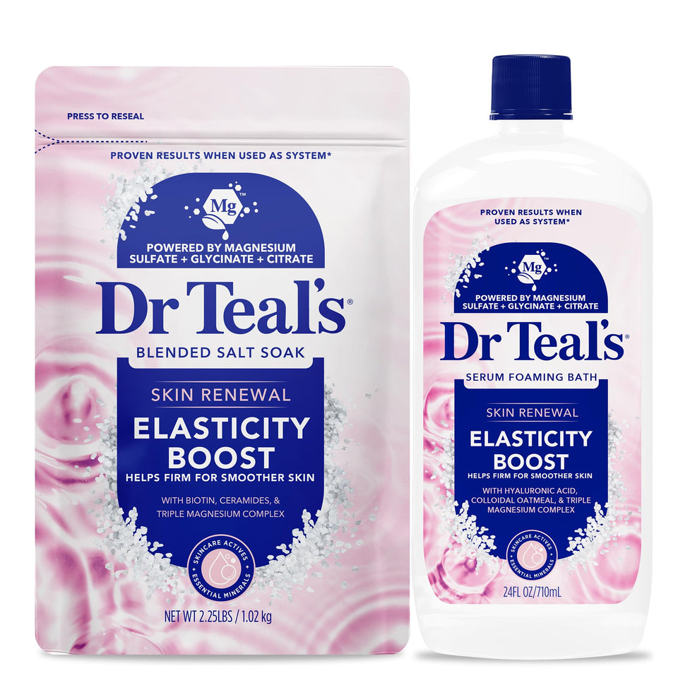 Dr Teal's combo front packaging showing salt soak and foaming serum, promoting firmer skin