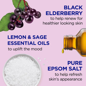 Dr Teal's close-up label showing elderberry scent and clean formulation benefit