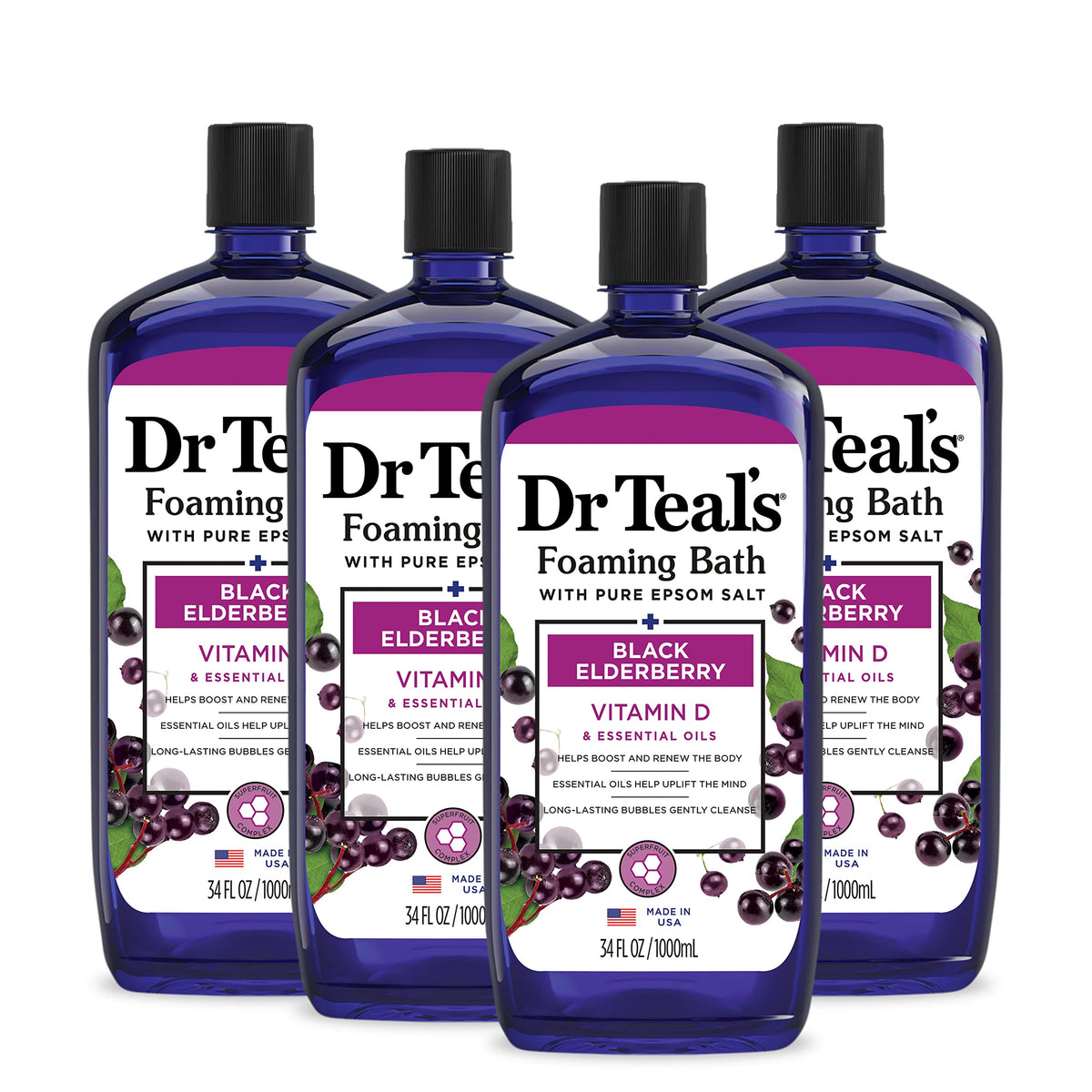 Dr Teal's front packaging showing elderberry scent and benefit calming aroma