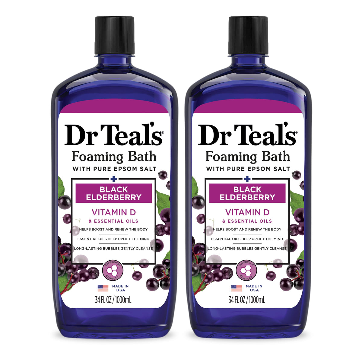 Dr Teal's front bottle shot showing elderberry foam and calming scent benefit