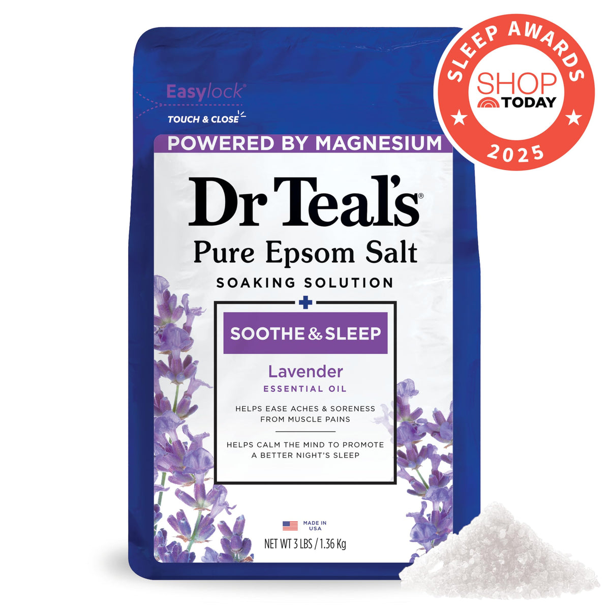 Dr Teal's close-up of Epsom salt granules showing texture and natural magnesium