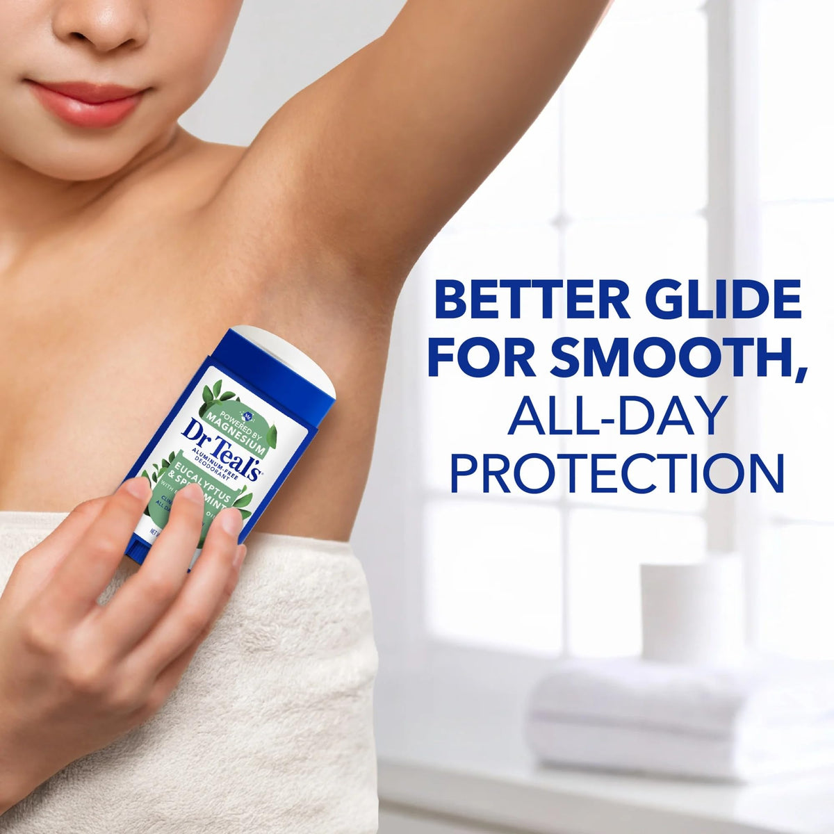 Dr Teal's eucalyptus deodorant on bathroom shelf suggesting everyday routine