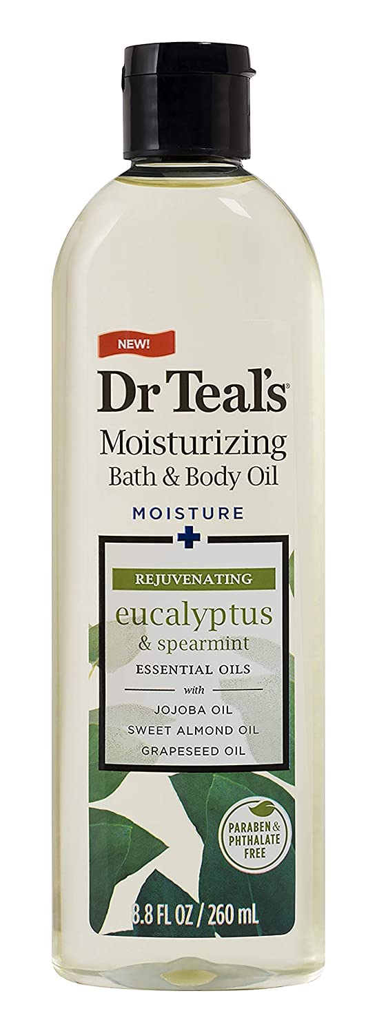 Dr Teal's eucalyptus bottle close-up highlighting label and refreshing scent benefit