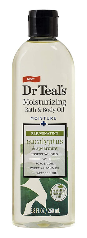 Dr Teal's eucalyptus bottle close-up highlighting label and refreshing scent benefit